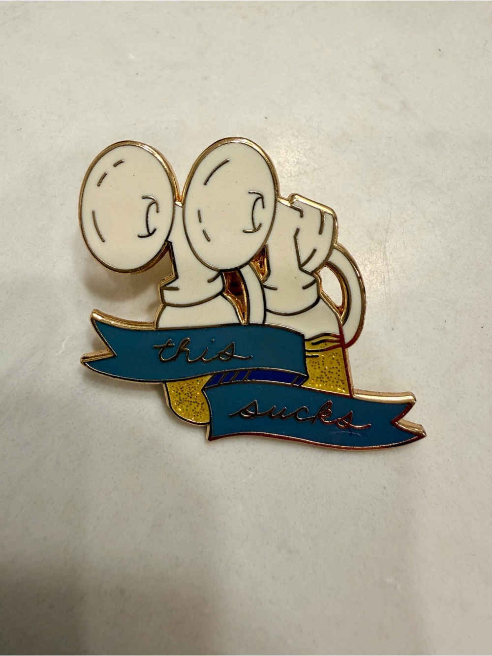 Pumping/Breastfeeding White & Blue Enamel Brooch - "This Sucks" Liquid Gold